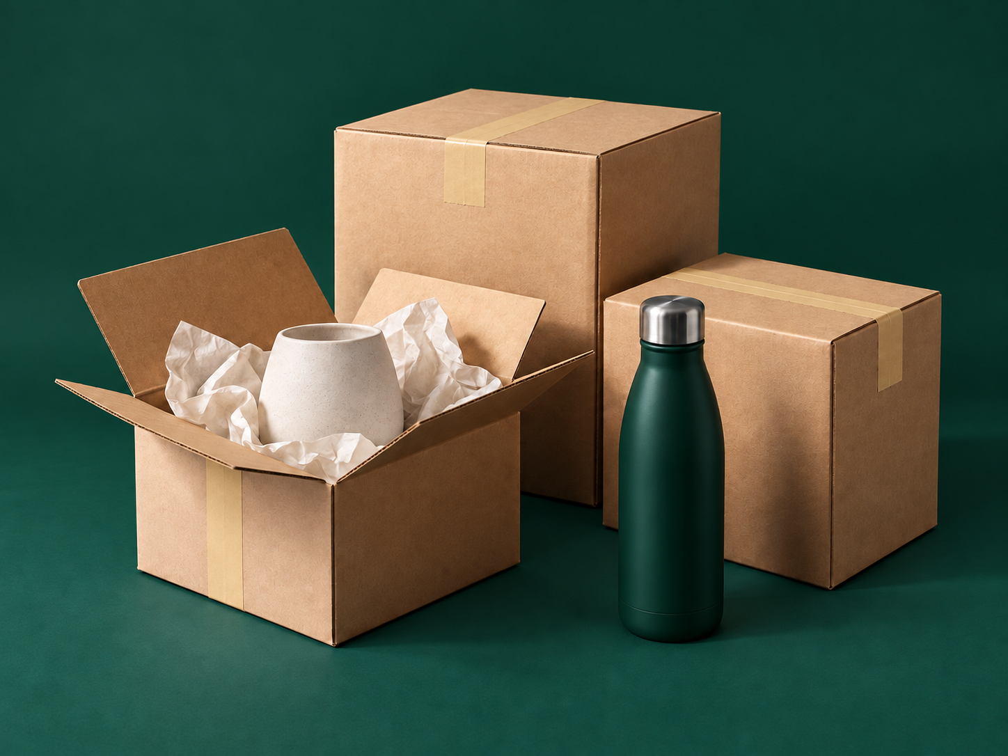 Kraft packaging, a ceramic cup and a reusable bottle against a forest-green backdrop